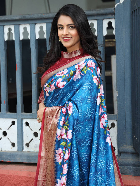 Royal Blue Pure Viscose Dola Silk Saree With Floral Print Border - Luxe by My Store