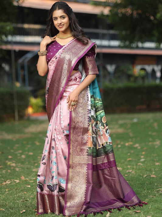 Viscose Dola Silk Pink Colour Saree with Floral and Mughal Print - Luxe