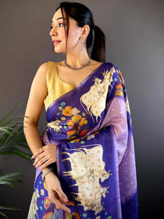 Purple Chanderi Pichwai Print Saree by My Store