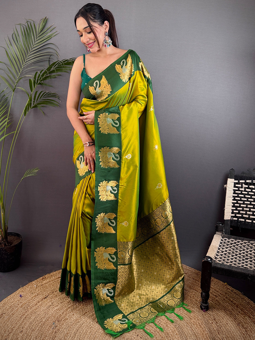 Green Swan Motif Soft Silk Saree by My Store