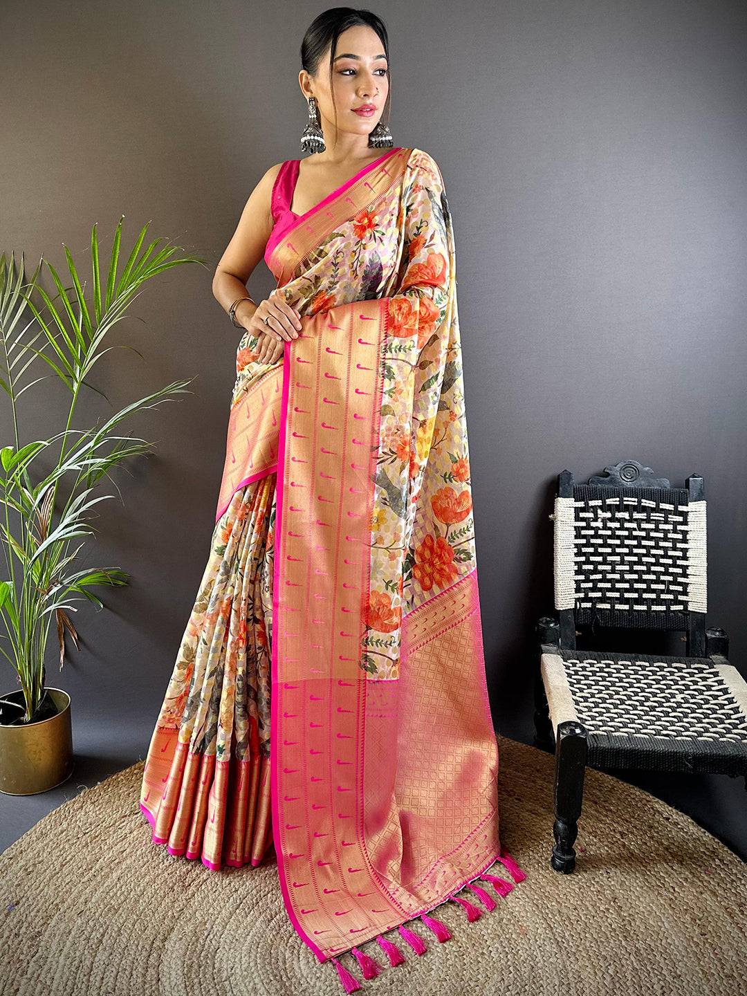 Ivory Floral Paithani Kora Silk Saree by My Store