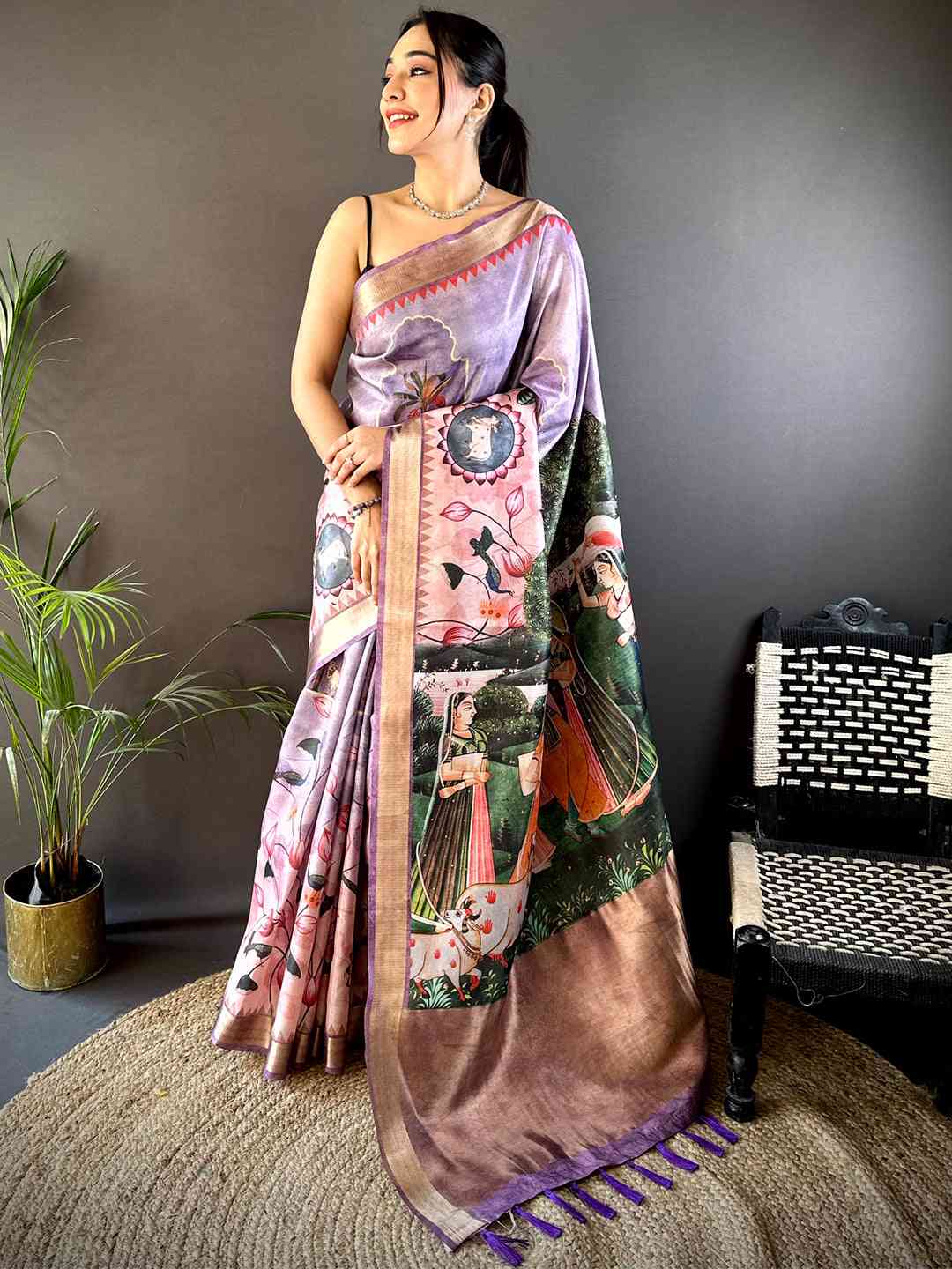 Lavender Soft Silk Tissue Pichwai Print Saree by My Store