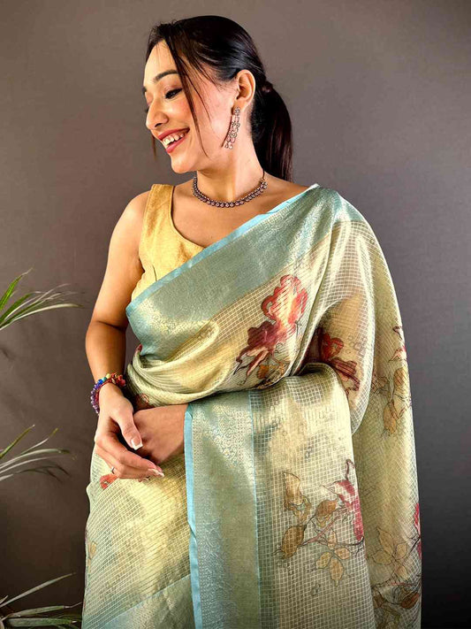 Stylish Green Self Gold Zari Floral Print Saree by My Store