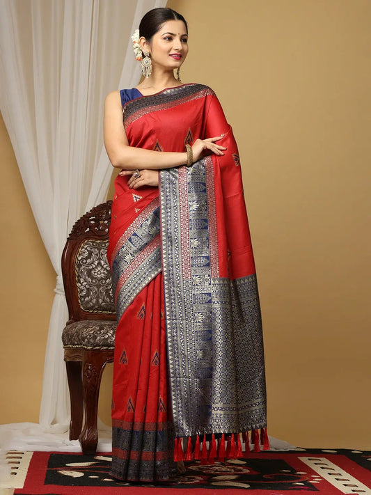 Red Banarasi Katan Silk Festive Wear Saree by My Store
