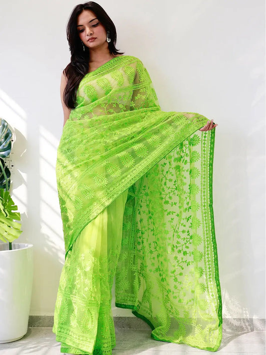 Elegant Saree Adorned with Ethnic Motifs, Intricate Threadwork, and Embellished Borders by My Store