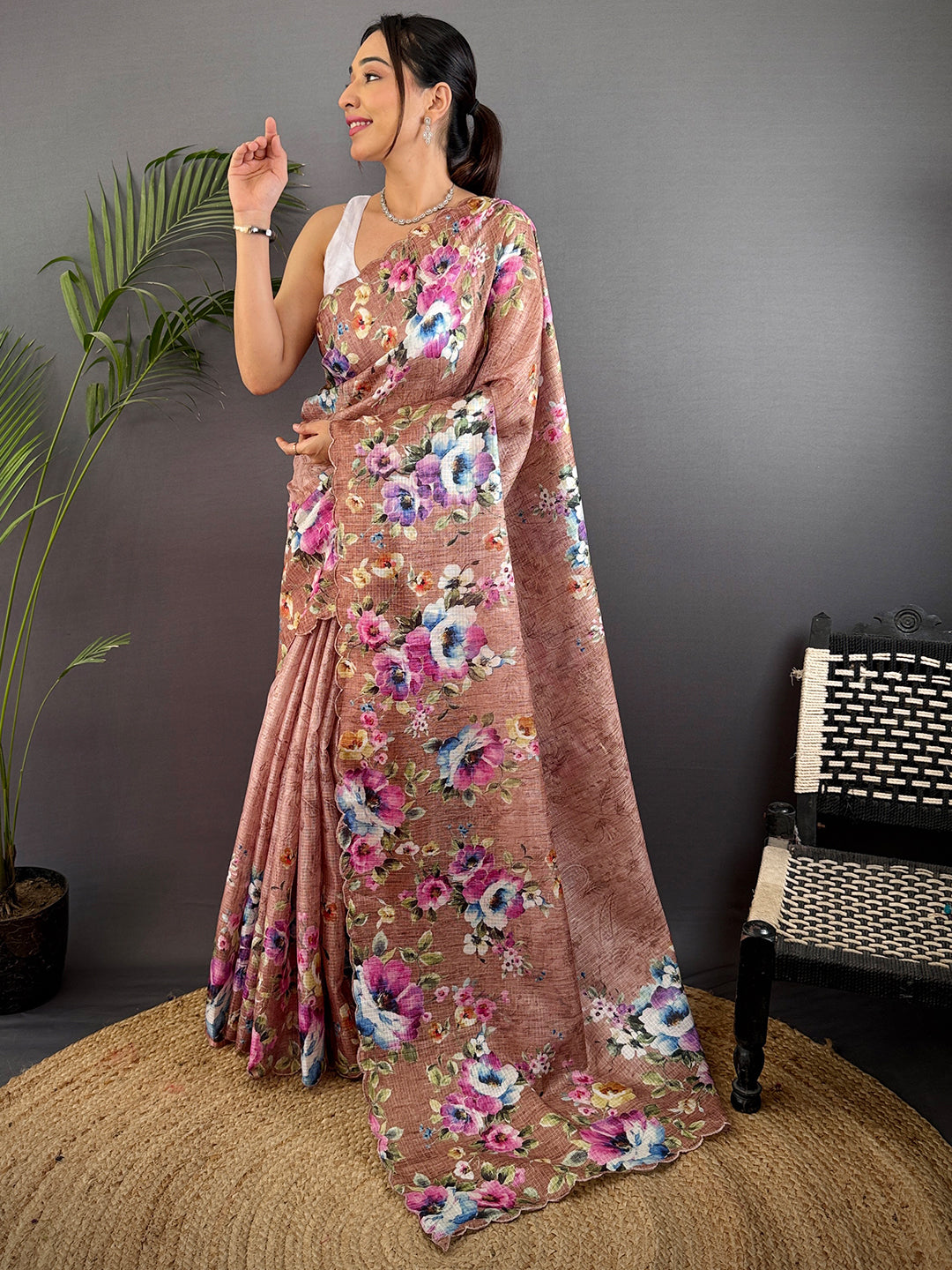 Brown Kota Doriya Floral Cut Work Saree by My Store