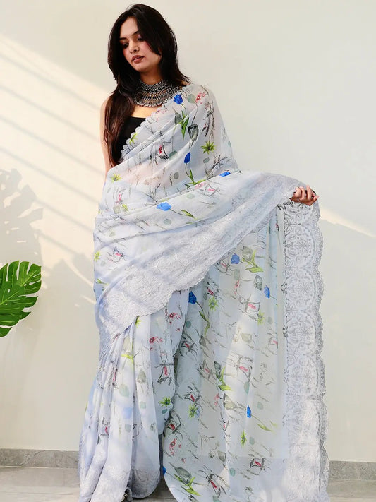 Soft Chiffon Satin Saree with Cut Work Embroidered Boder by My Store