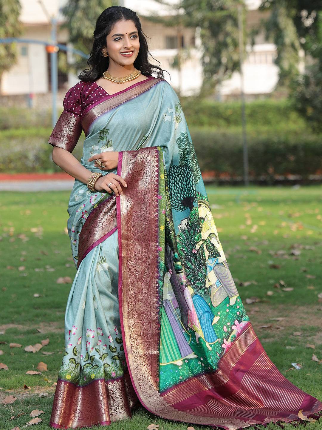 Viscose Dola Silk Sky Blue Colour Saree with Floral and Mughal Print - Luxe