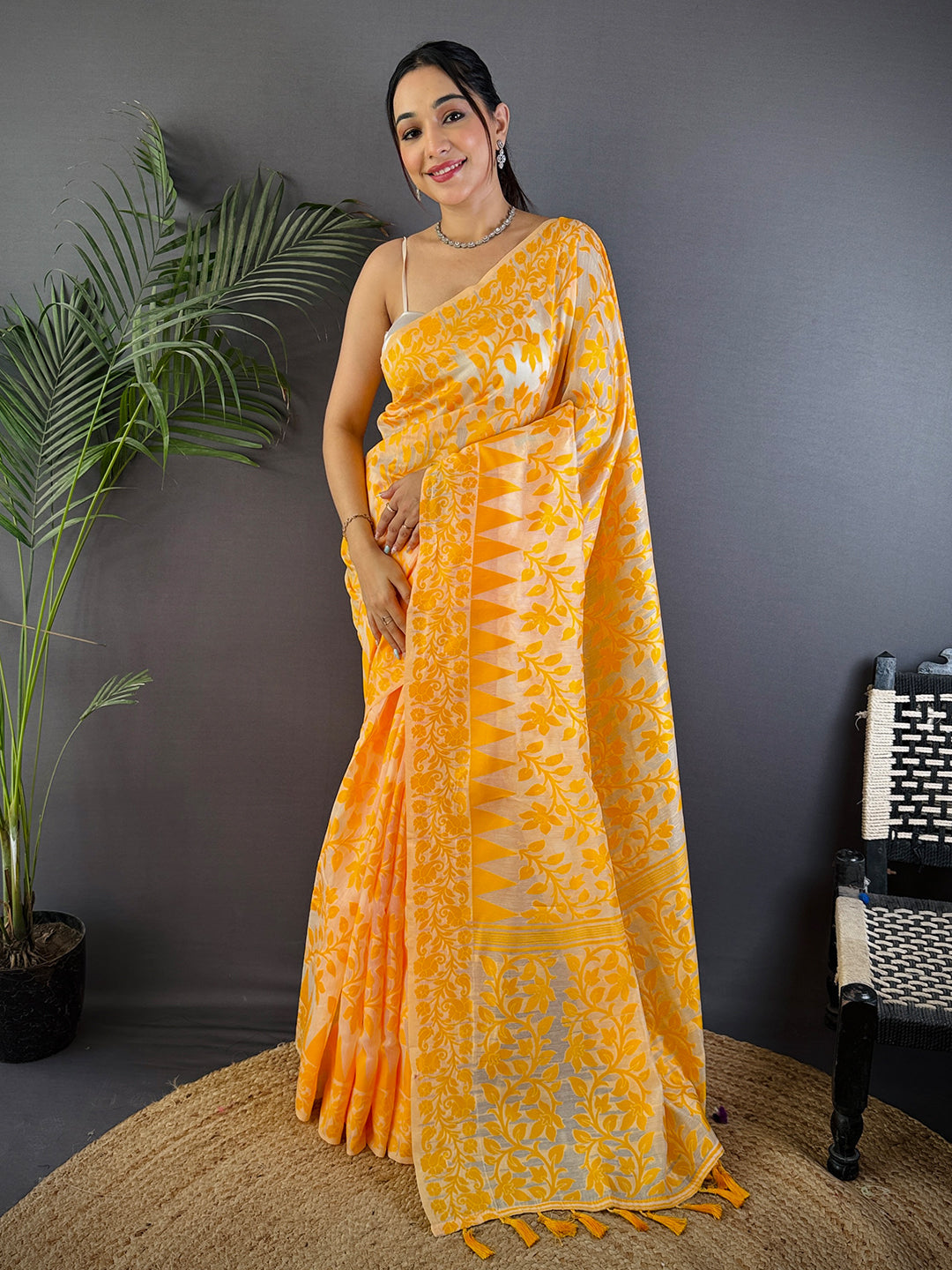 Bright Yellow Soft Cotton Silk Jamdani Saree by My Store