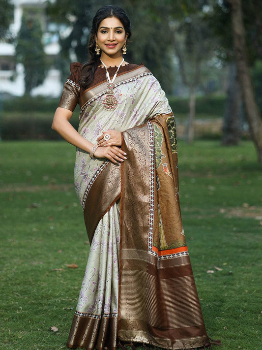 Silver Colour Batik Pen kalamkari Saree With Zari Weaving Pallu - Luxe by My Store