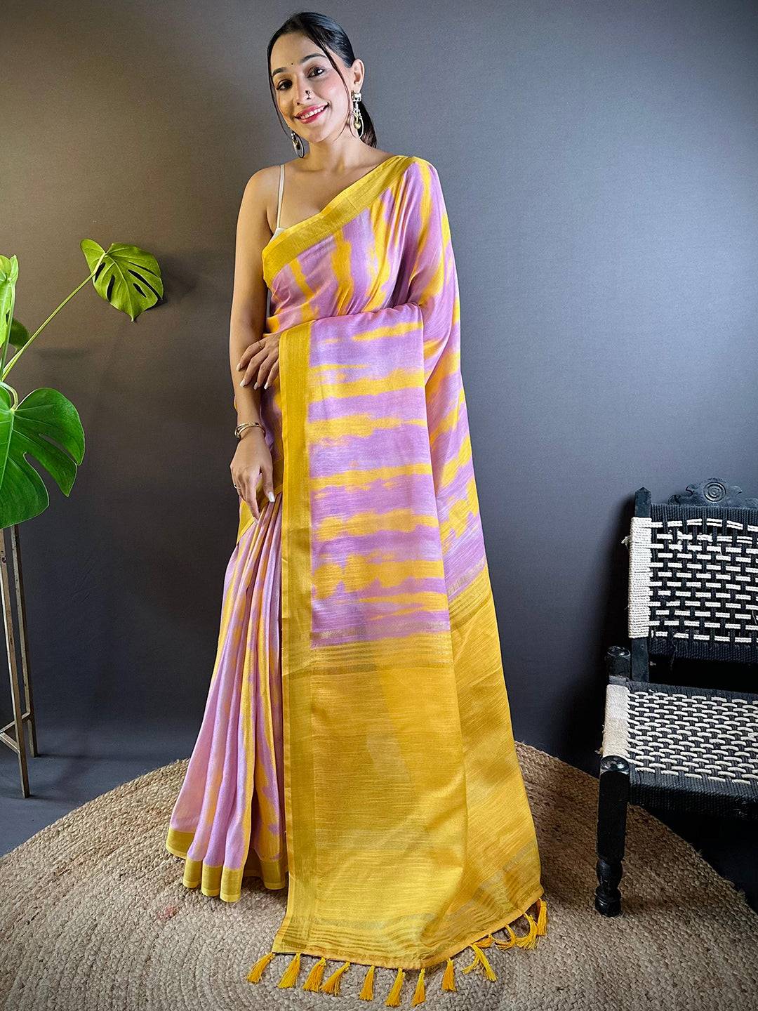 Lavender Shibori Print Linen Saree by My Store