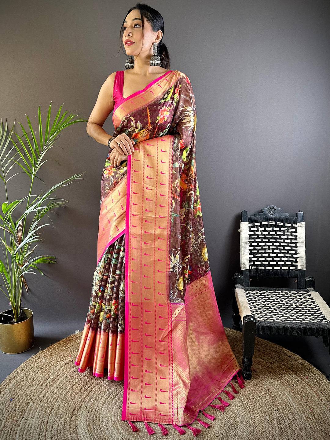 Brown Paithani Kora Silk Saree by My Store