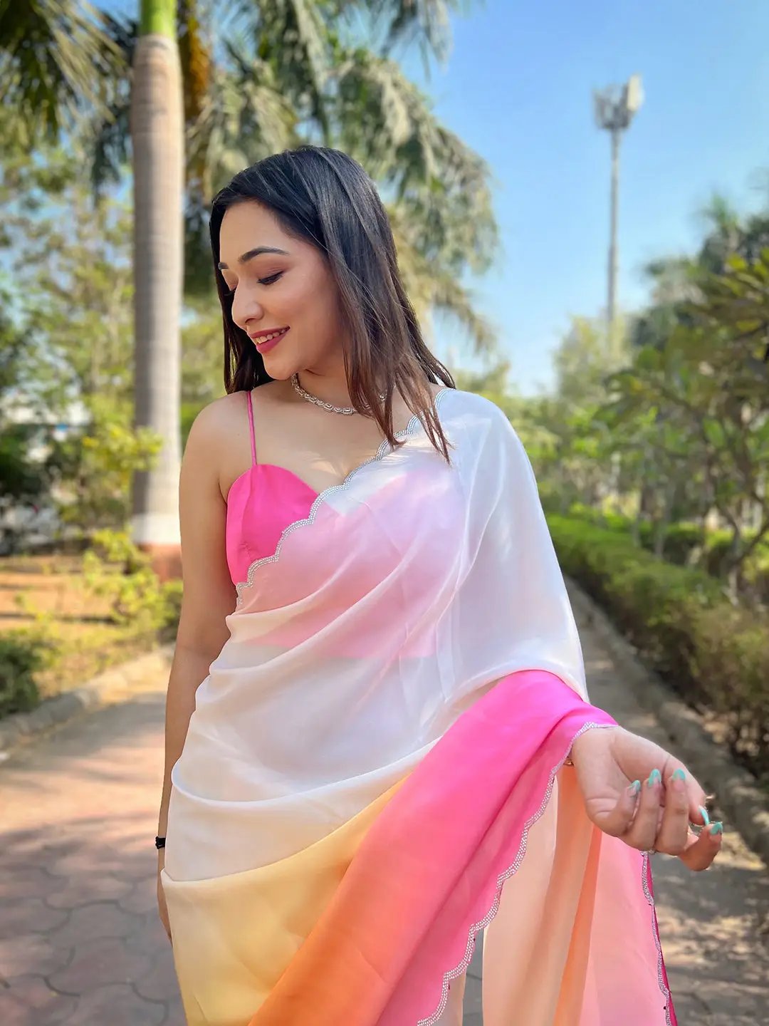 Pink Satin Georgette Saree
