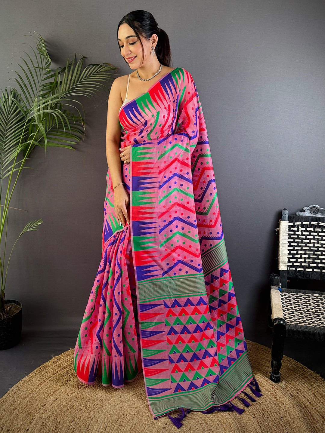 Bright Pink Dhakai Cotton Jamdani Saree by My Store