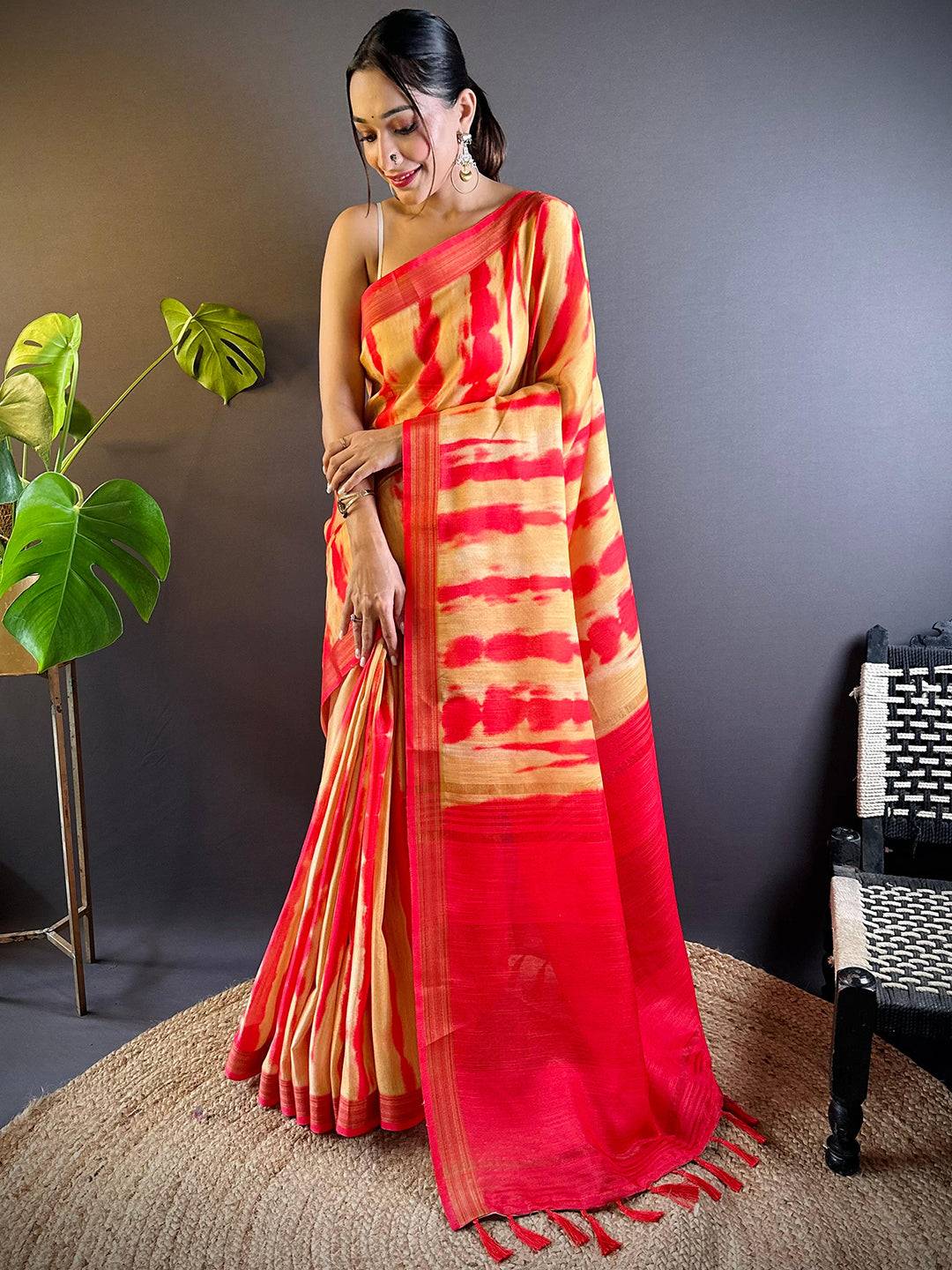 Marigold Shibori Print Linen Saree by My Store