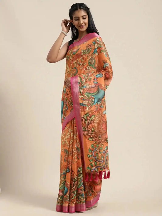 Orange Colour Kalamkari Print Saree With Zari Border by My Store