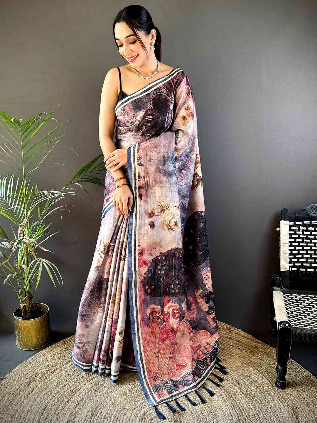 Lavender Gold Zari Tussar Batik Print Saree by My Store