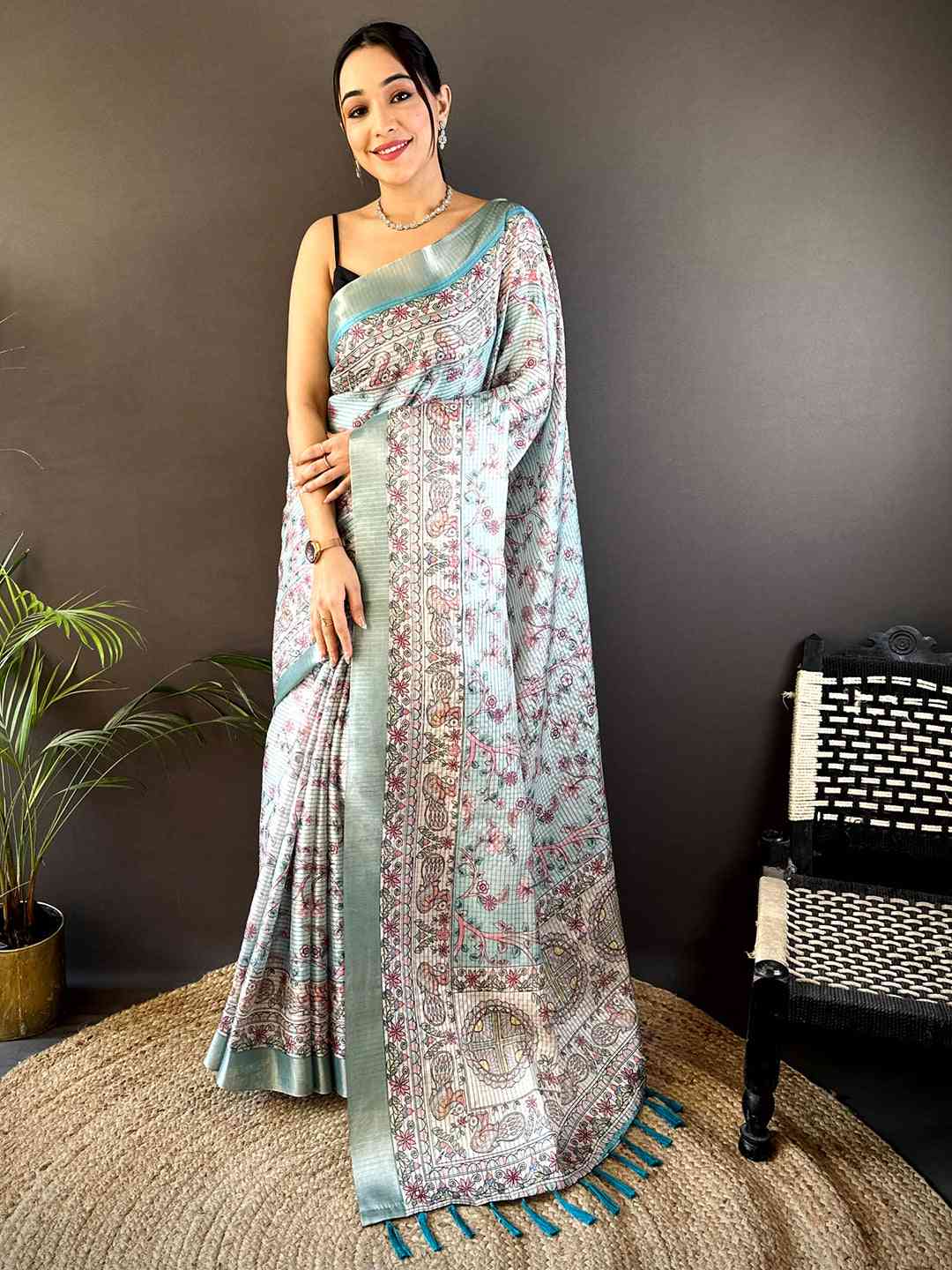 Mint Green Chanderi Madhubani Black Chex Saree by My Store