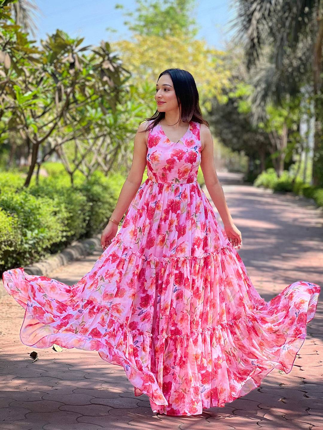 Neon Pink Floral Print Dress by My Store