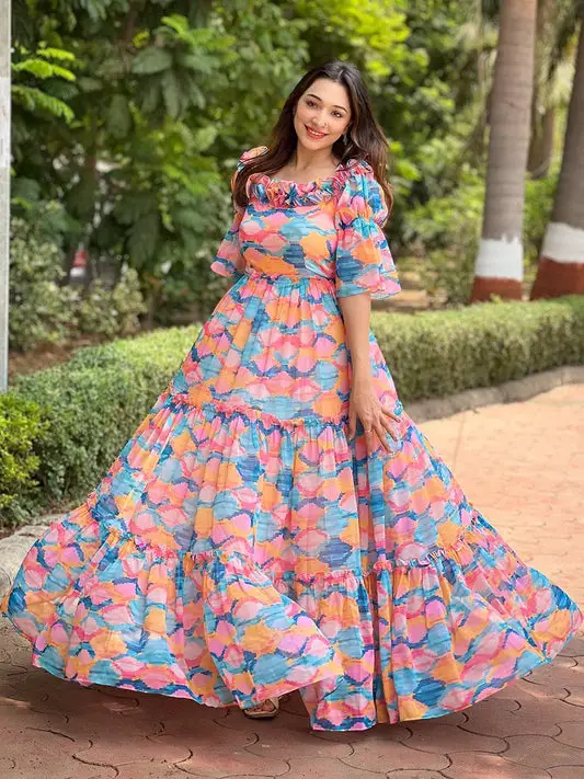 Versatile Print Frill Neck Dress