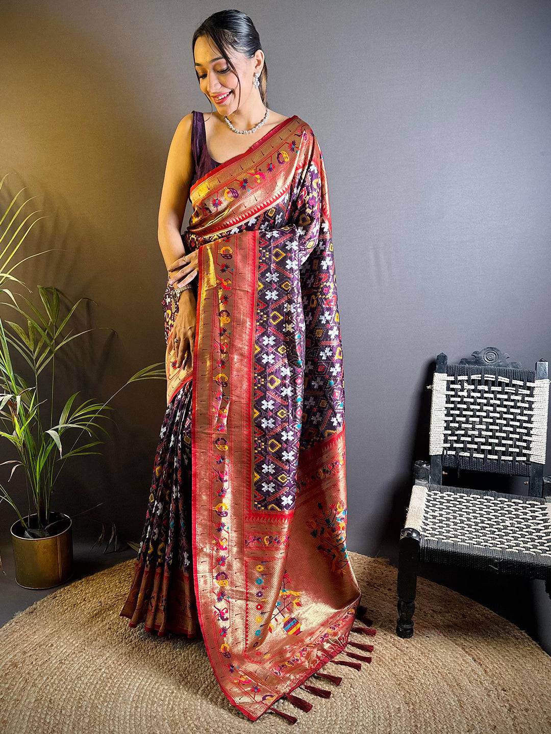 Maroon Patola Silk Zari Weaving Saree by My Store