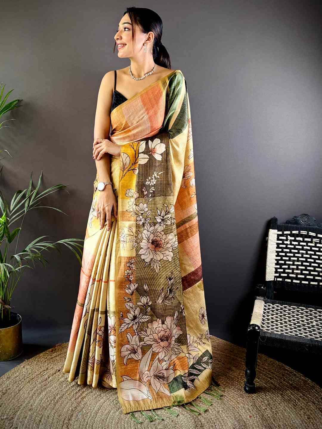 Light Yellow Tussar Zari Floral Saree by My Store
