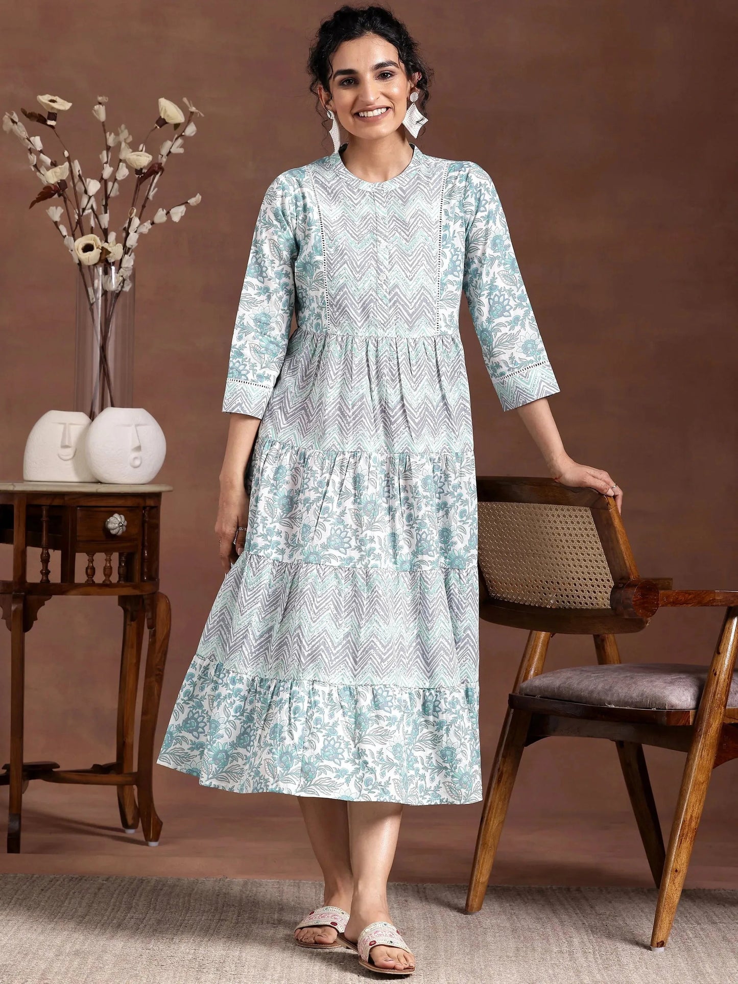 Off White Printed Cotton A-Line Dress by My Store