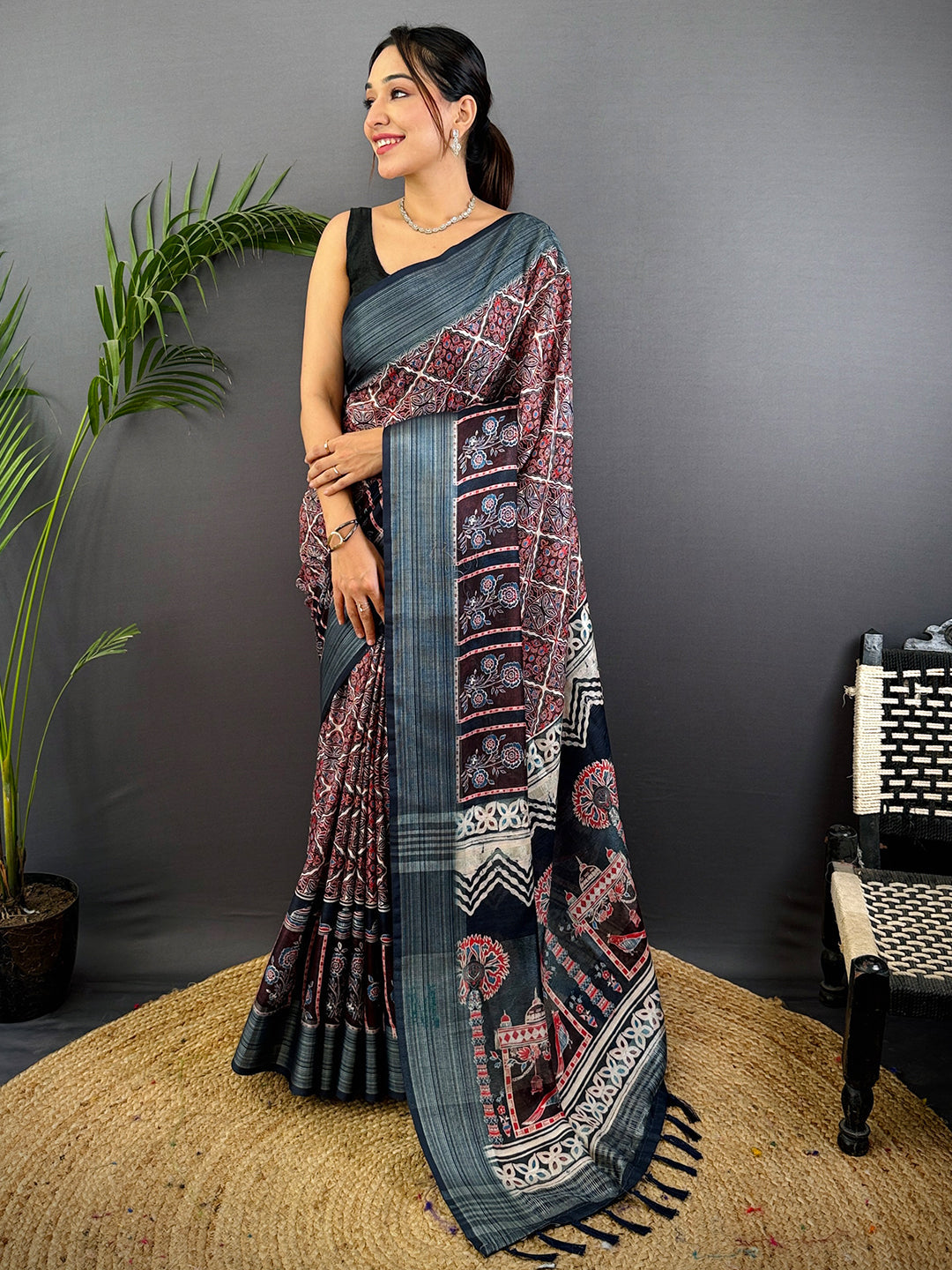 Multi Linen Block Kalamkari Print Saree by My Store