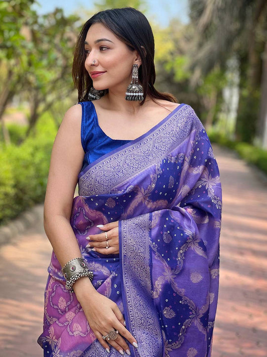 Purple Digital Block Placement Print Saree by My Store