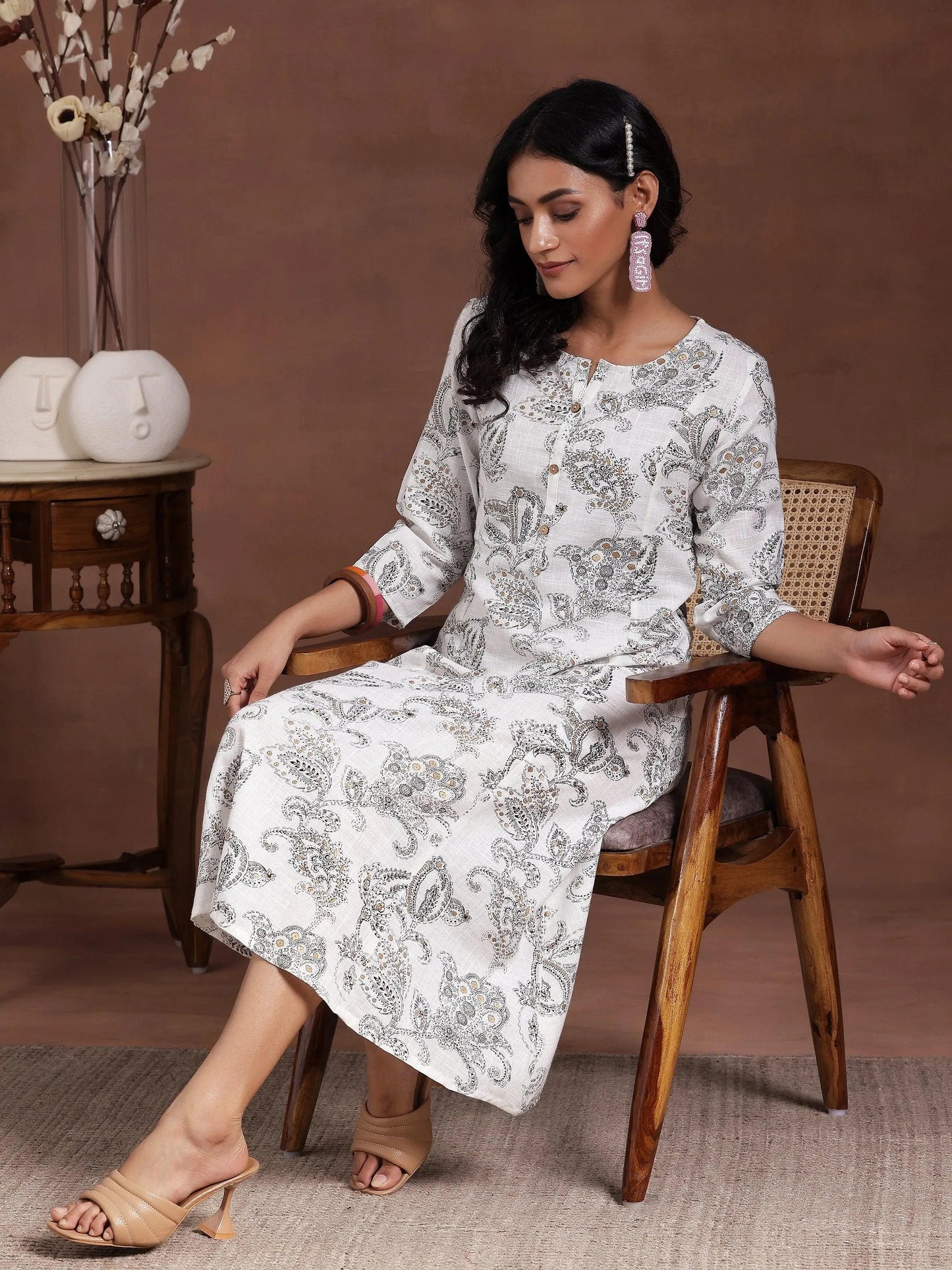 White Printed Cotton A-Line Dress