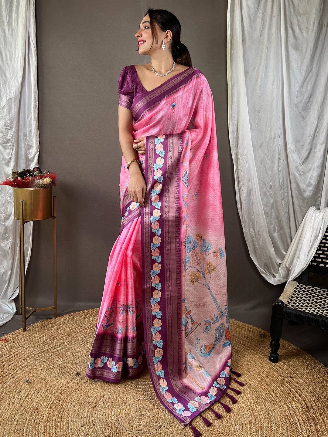 Oriental lily Pink Kota Satin Border Saree by My Store