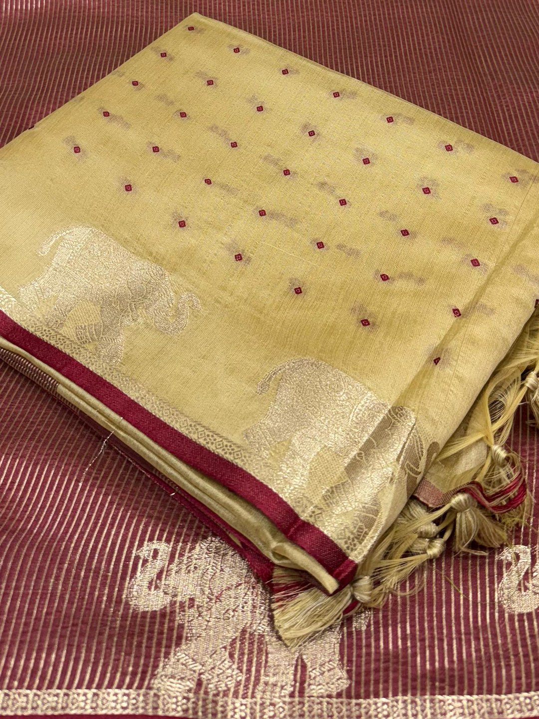 Cream Pure Silk Bandhani Butti Saree by My Store