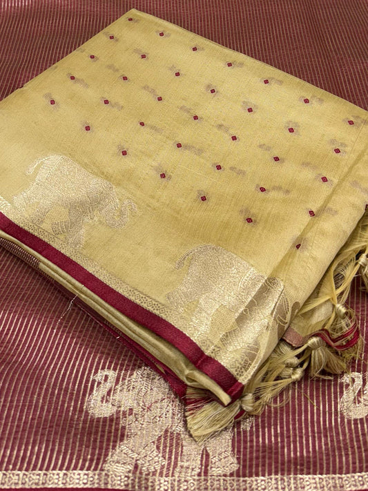 Cream Pure Silk Bandhani Butti Saree by My Store