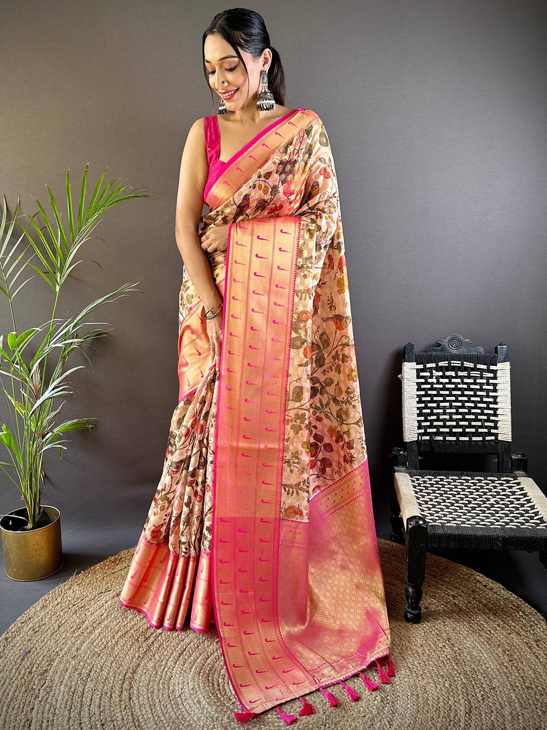 Light Peach Floral Paithani Kora Silk Saree by My Store