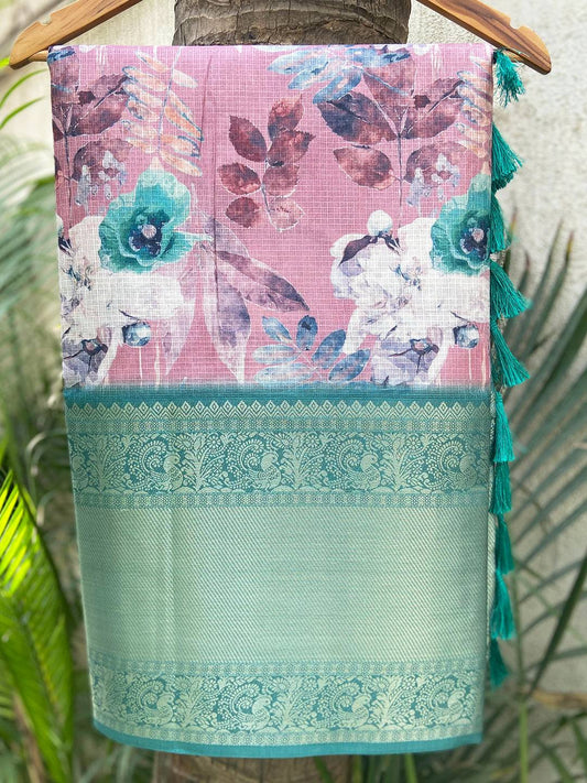 Dark Pink Kota Doriya Saree With Kanjivaram Gold Zari Border by My Store
