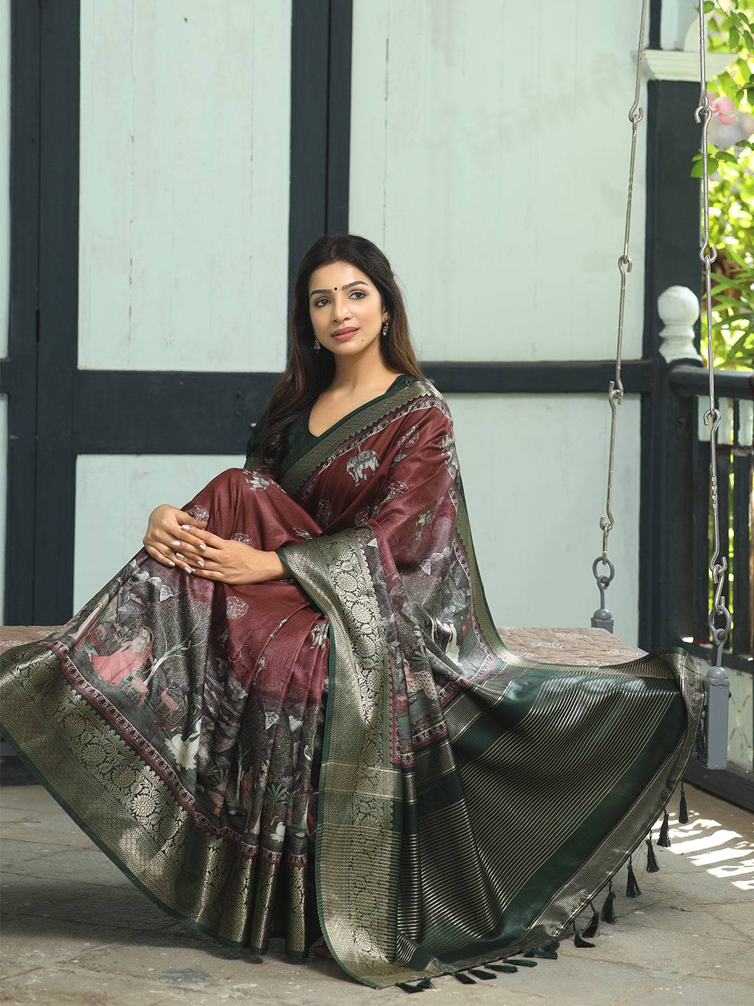 Maroon Hand Kalamkari Printed Pure Viscose Dola Silk Saree - Luxe by My Store