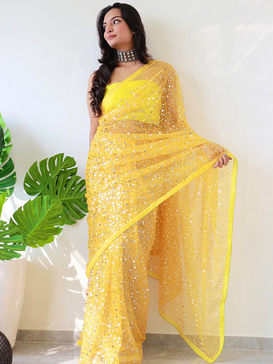Beautiful Net Saree With Sequins Embroidery Work
