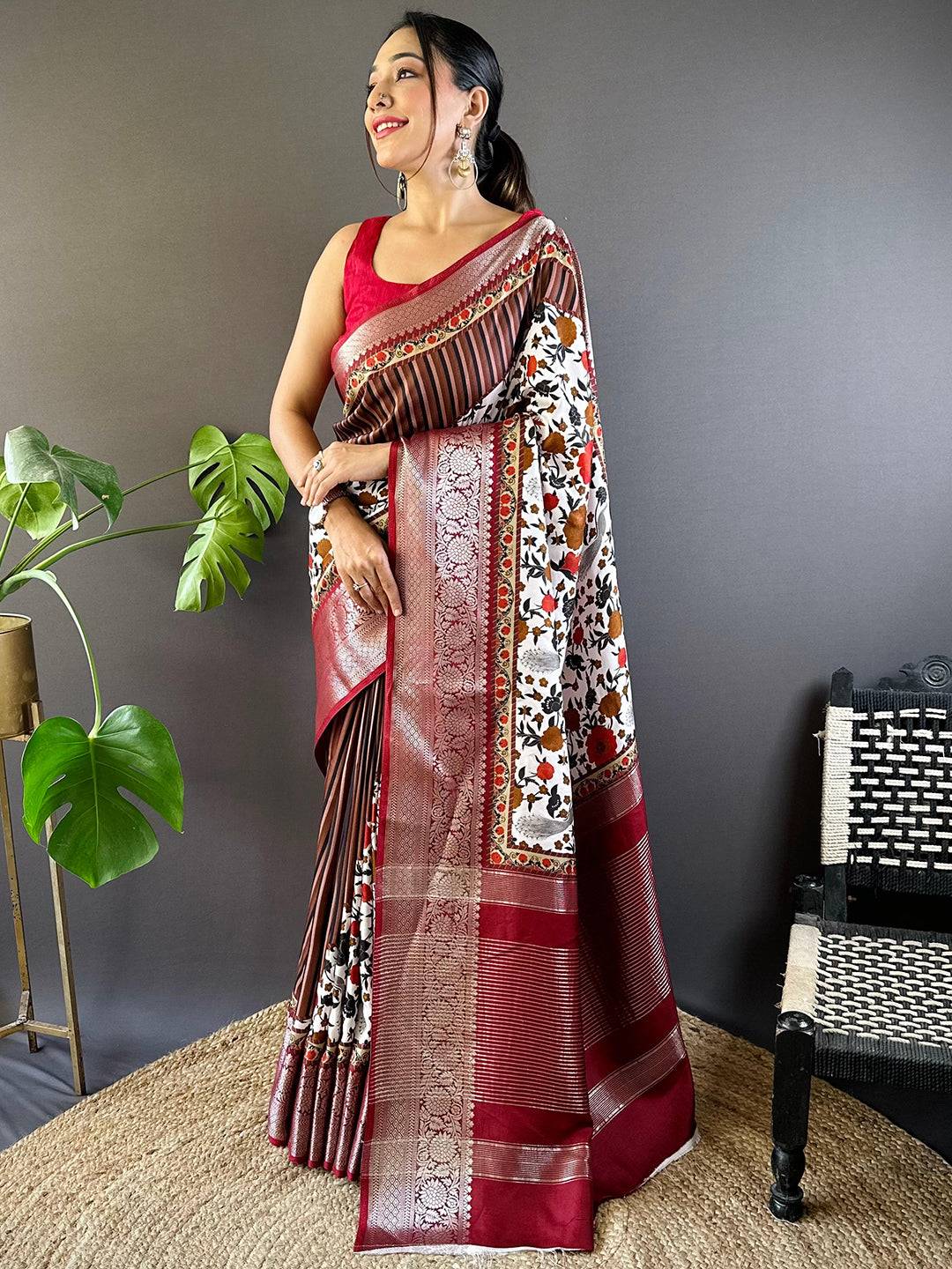 Brown Floral Peacock Fusion Saree by My Store
