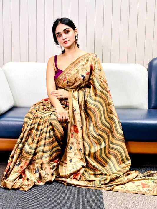 Olive Tussar Silk Kalamakri Flower With Leheriya Print Saree by My Store