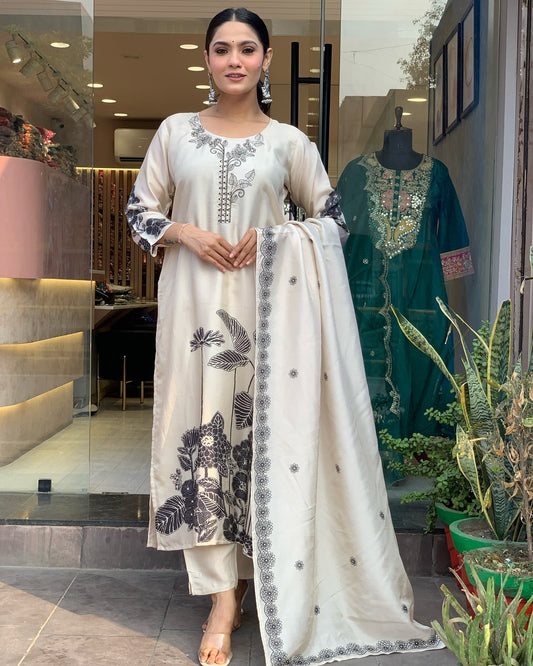 Graceful White Kurta Set with Black Floral Embroidery