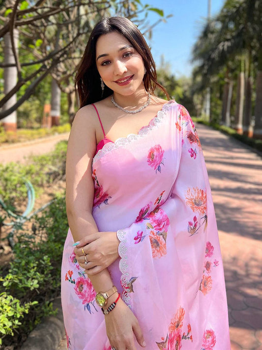 Pink Pure Satin Georgette with Zircon Swarovski Border Saree by My Store