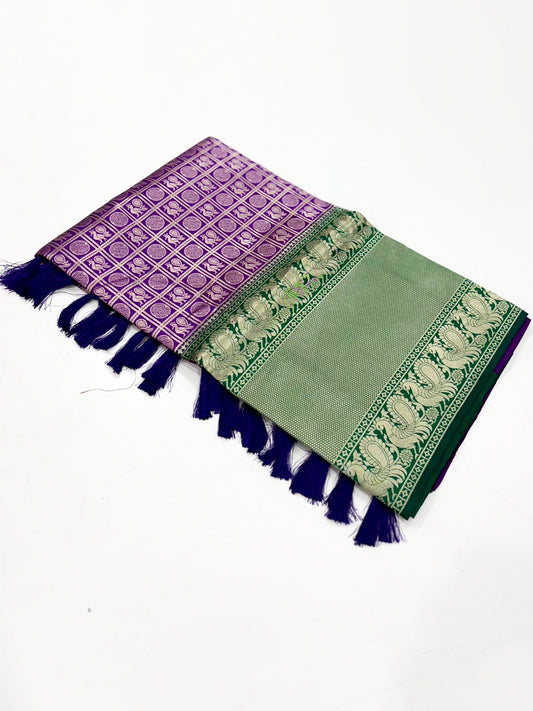 Purple Silver Zari Butta Kanjivaram Silk Saree by My Store