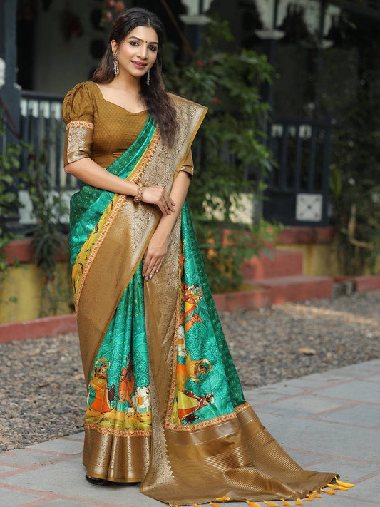 Viscose Dola Silk Turquoise Colour Saree with Floral and Mughal Print - Luxe