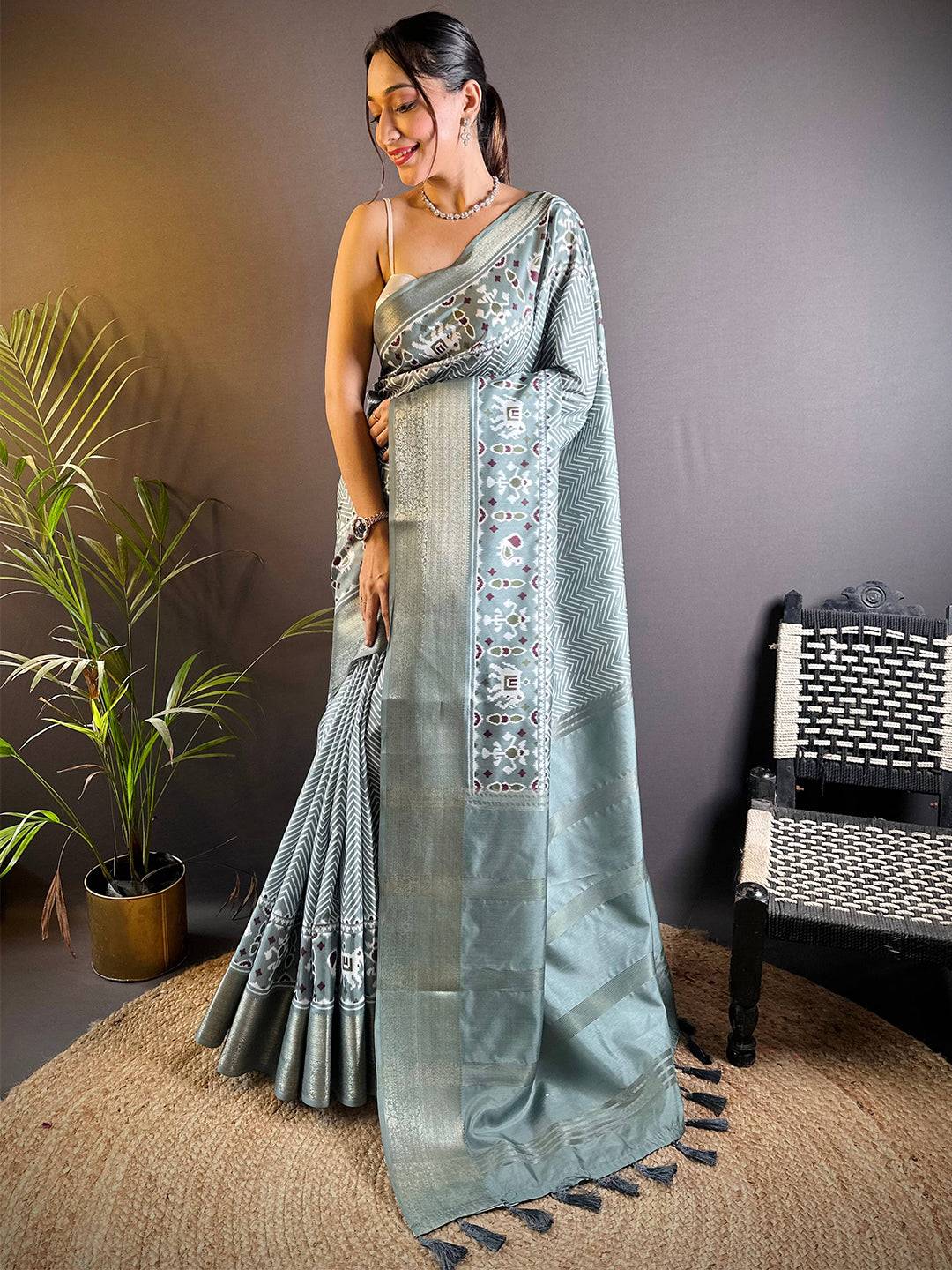 Light Blue Zig Zag Kalamkari Kanchi Silk Saree by My Store