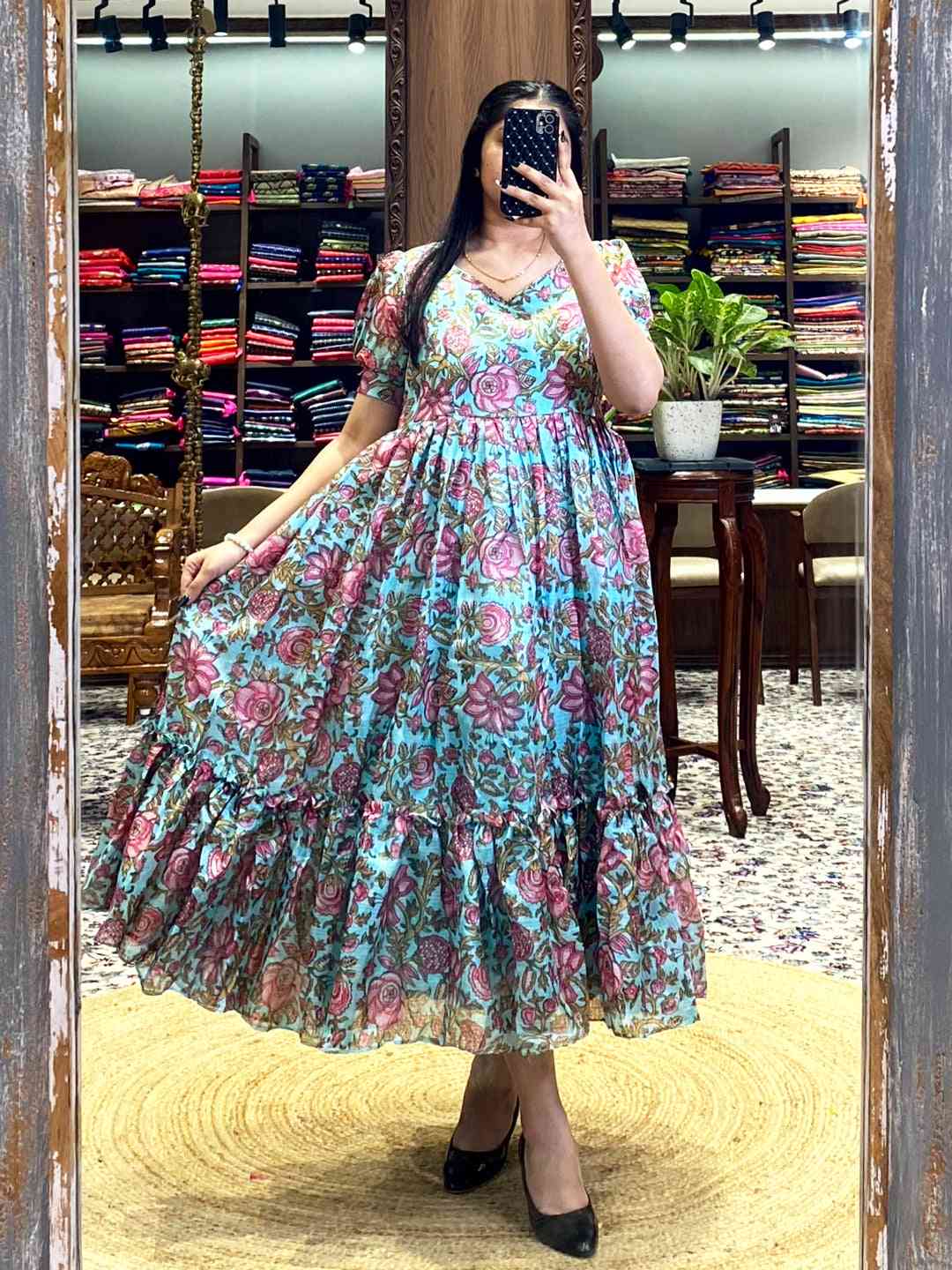 Middle Blue Floral Print Midi Dress by My Store