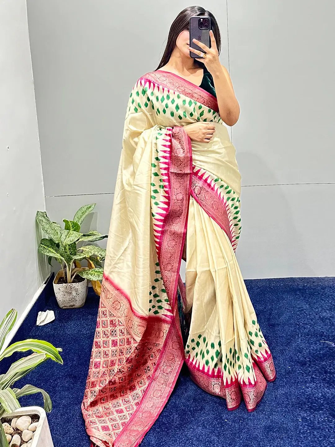 Pure Banarasi Soft Silk With Patola Pallu on Saree in Cream Colour by My Store