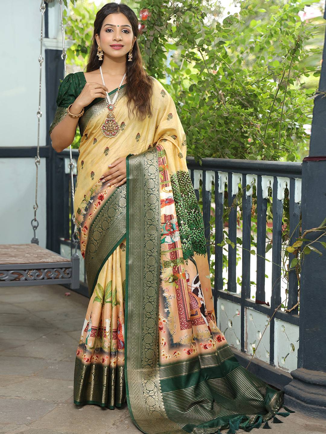Viscose Dola Silk Yellow Colour Saree with Floral and Mughal Print - Luxe