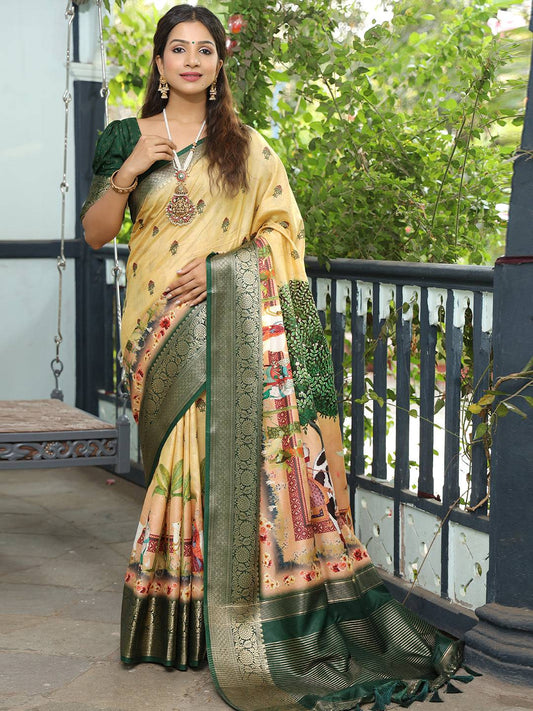 Viscose Dola Silk Yellow Colour Saree with Floral and Mughal Print - Luxe
