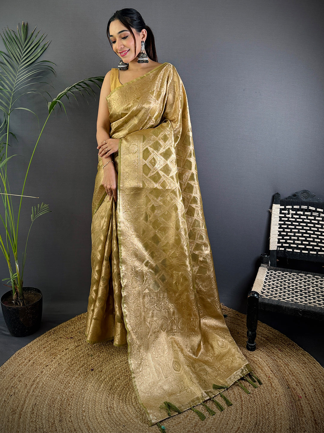 Olive Tissue Jarokha Zari Weaving Saree by My Store