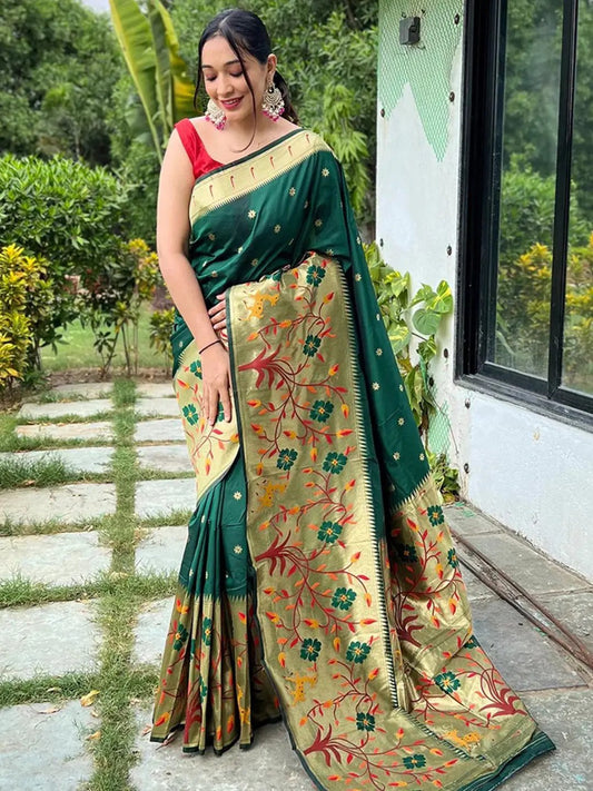 Dark Green Colour Paithani Big Border Woven Saree by My Store